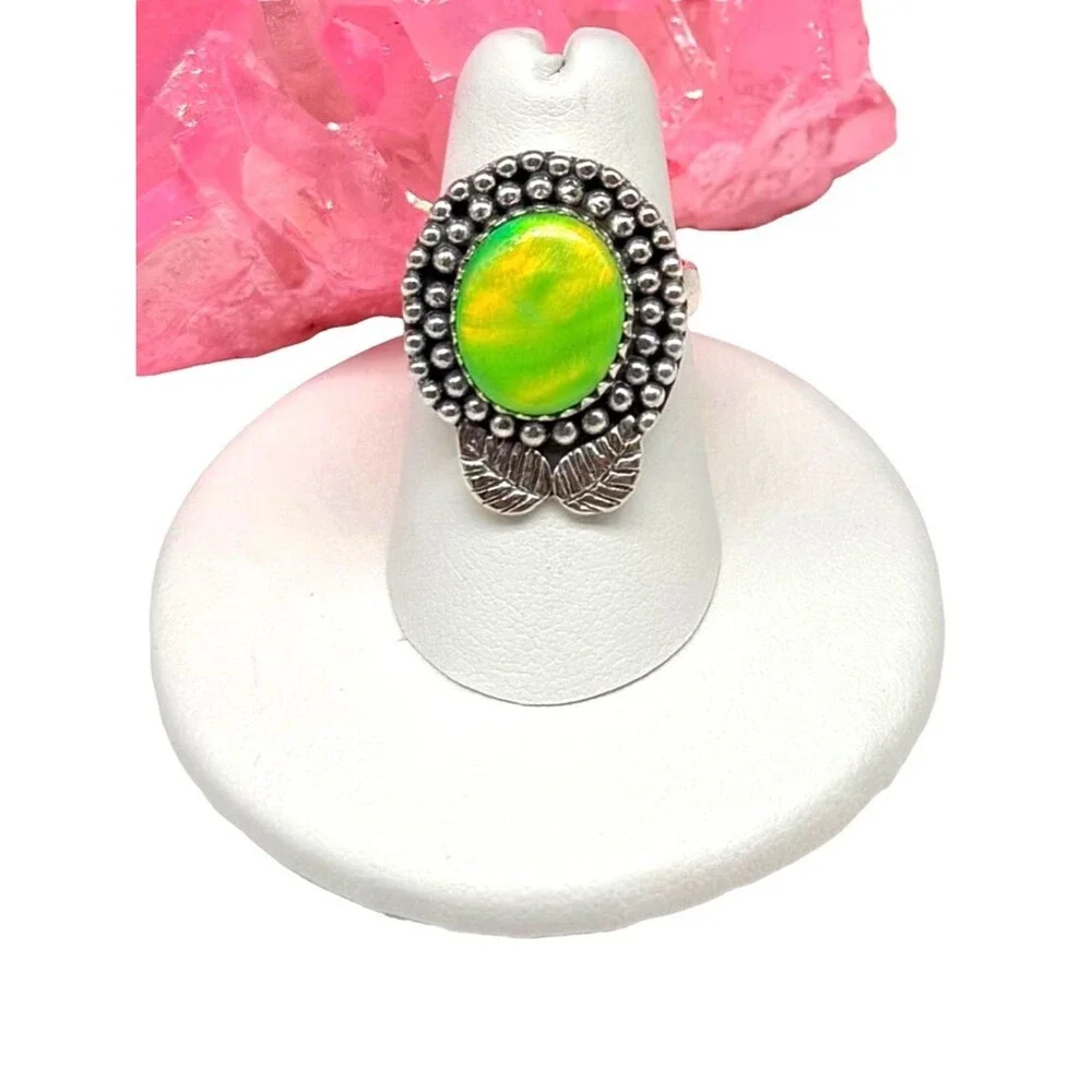 Lime Green Aurora Opal Ring Size 6.5 Solid 925 Sterling Silver Aura